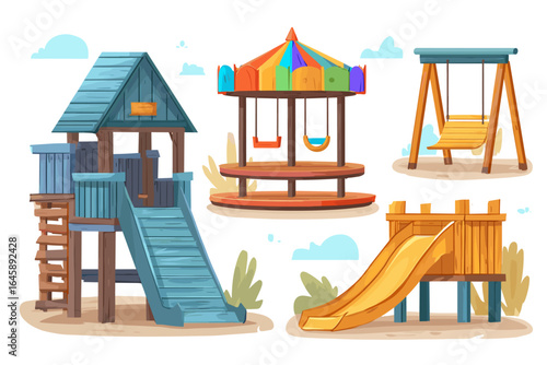 Colorful Playground Equipment with Slide, Swings, and Carousel in a Cartoon Style