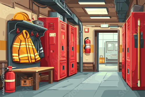 Modern Firefighter Locker Room Interior with Equipment and Gear