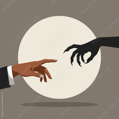 A symbolic representation of temptation and the struggle between good and evil, featuring a human hand reaching out to a demonic claw