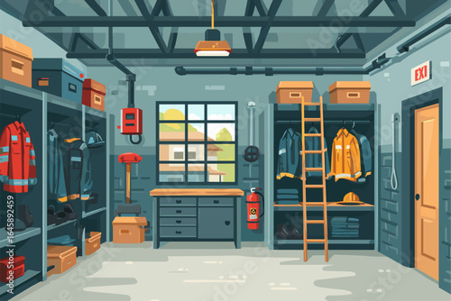 Detailed Illustration of a Well-Organized Workshop with Tools and Safety Gear