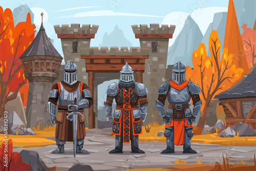 Colorful Medieval Knights in Armor at a Castle Entrance
