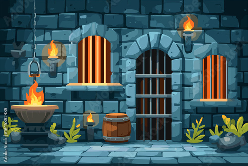 Medieval Dungeon Interior with Flames and Stone Walls
