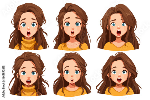 Diverse Expressions of a Young Woman in a Cartoon Style