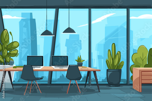 Modern Office Interior with Windows and Urban View