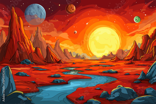 Stylized Alien Landscape with Planets and River under a Fiery Sky