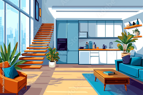Modern Bright Living Room with Wooden Stairs and Stylish Furnishings