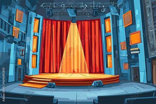 Vibrant Theater Stage with Red Curtains and Spotlight in Cartoon Style