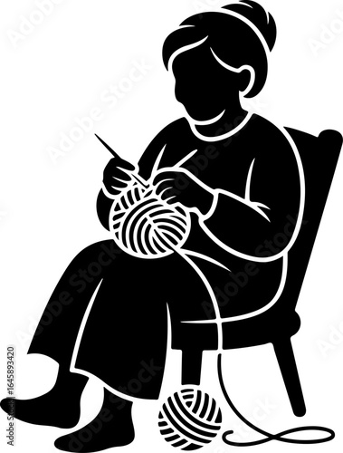 A cozy silhouette of a grandmother seated comfortably in a chair, knitting with needles and yarn