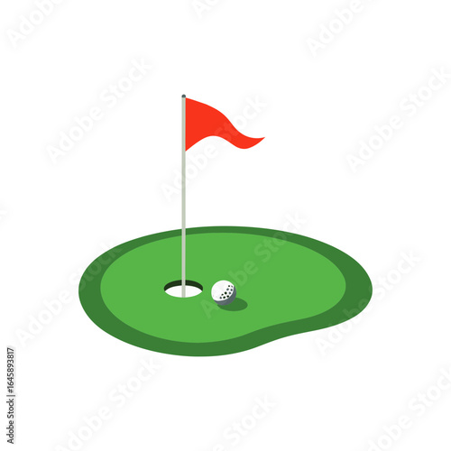 Golf hole icon with red flag and ball on green course.