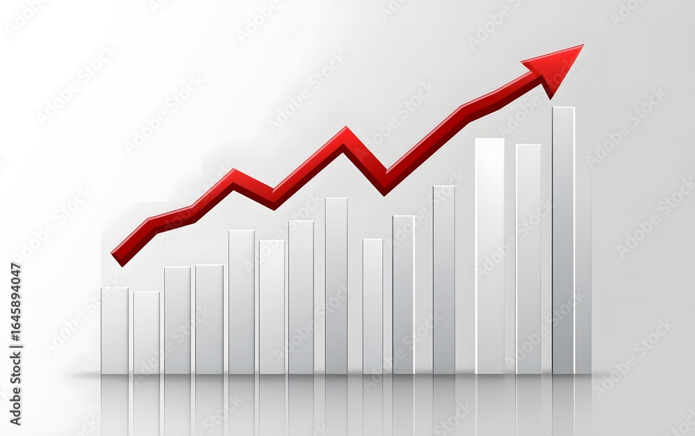 Fototapeta premium White flat background with white arrow up and bar graph, line chart rising to the right on light grey background. 