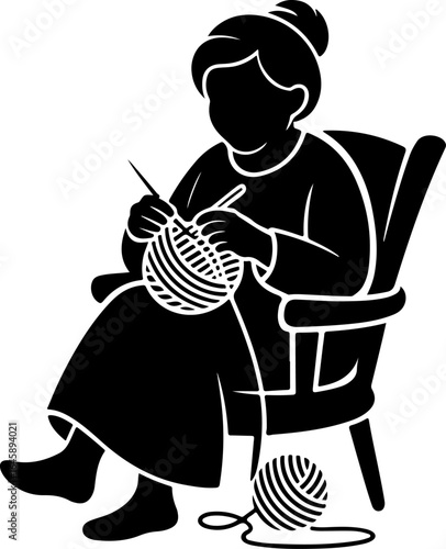 A cozy silhouette of a grandmother seated comfortably in a chair, knitting with needles and yarn