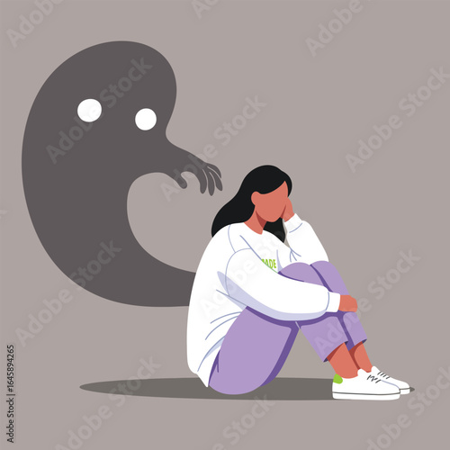 A poignant illustration of a woman struggling with mental health issues, haunted by a dark shadow representing her inner demons and anxieties