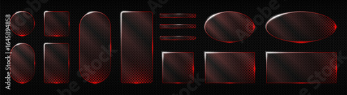 Neon glass frames with glowing red accents and sparkle effects. Transparent rectangles circles and rectangles for casino style banners futuristic HUD elements and modern digital interface designs.
