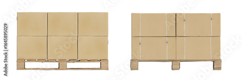 Cardboard boxes stacked on a pallet, isolated on a transparent background. Front and Side view. Cargo transportation and delivery service. 3D illustration