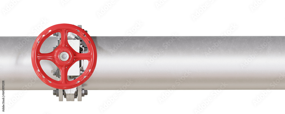 Fototapeta premium Manual control valve with red handwheel mounted on silver pipe. Isolated on transparent background. 3D illustration