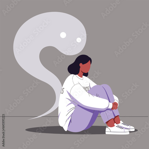 A poignant illustration of a woman struggling with mental health issues, haunted by a dark shadow representing her inner demons and anxieties