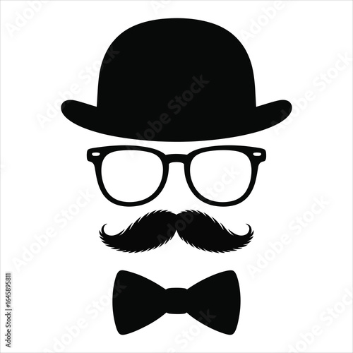 Retro gentleman silhouette with bowler hat glasses mustache and bow tie
