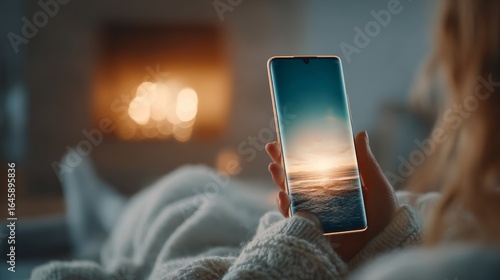 Fototapeta Naklejka Na Ścianę i Meble -  Woman relaxing on a cozy couch by the fireplace, holding a smartphone displaying a beautiful sunset over the ocean