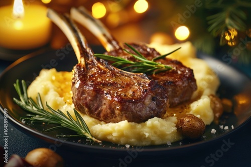 Juicy Lamb Chops on Creamy Mashed Potatoes with Seasonal Decor