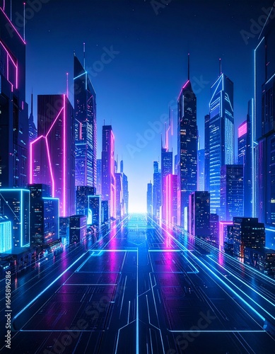 Neon geometric shapes floating in a dark cyberpunk city, glowing lights, vaporwave co