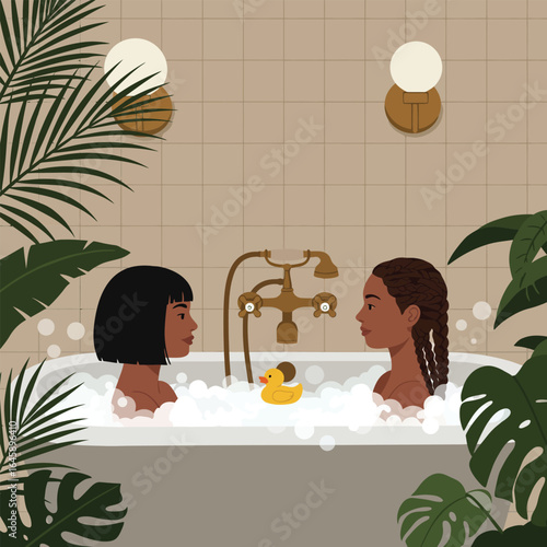Two women enjoying a relaxing bubble bath with a rubber duck in a serene bathroom setting, surrounded by lush tropical plants and a vintagestyle fixture