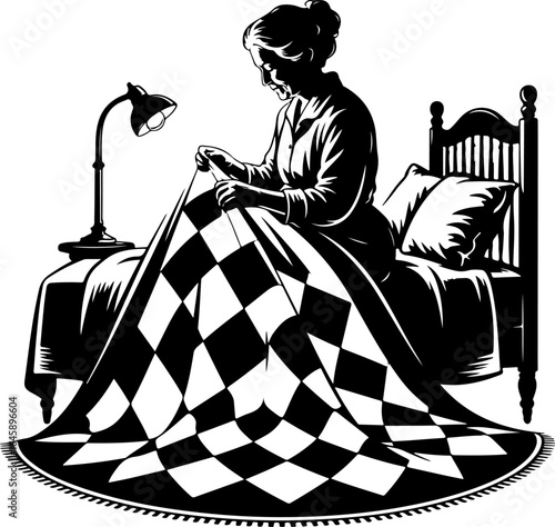 A cozy silhouette of a grandmother seated on a chair or edge of a bed, lovingly holding or stitching a large quilt across her lap