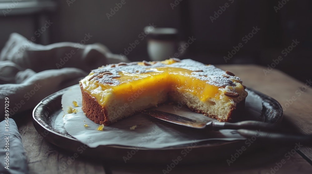 Freshly Baked Yellow Cake with Citrus Glaze on Wooden Table Freshly Baked Yellow Cake with Citrus Glaze on Wooden Table
