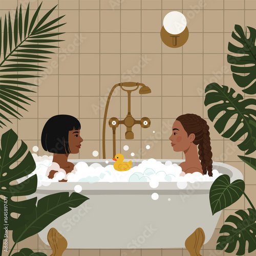 Two women enjoying a relaxing bubble bath with a rubber duck in a serene bathroom setting, surrounded by lush tropical plants and a vintagestyle fixture