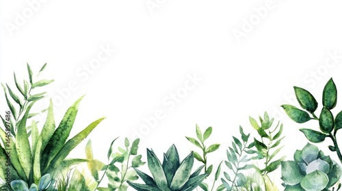 A watercolor illustration featuring various green plants and succulents against a white background.