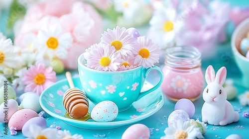 A beautiful spring themed arrangement with flowers and Easter decorations