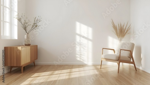 Minimalist living room with clean white walls and warm wood flooring, featuring modern furniture and soft natural light.