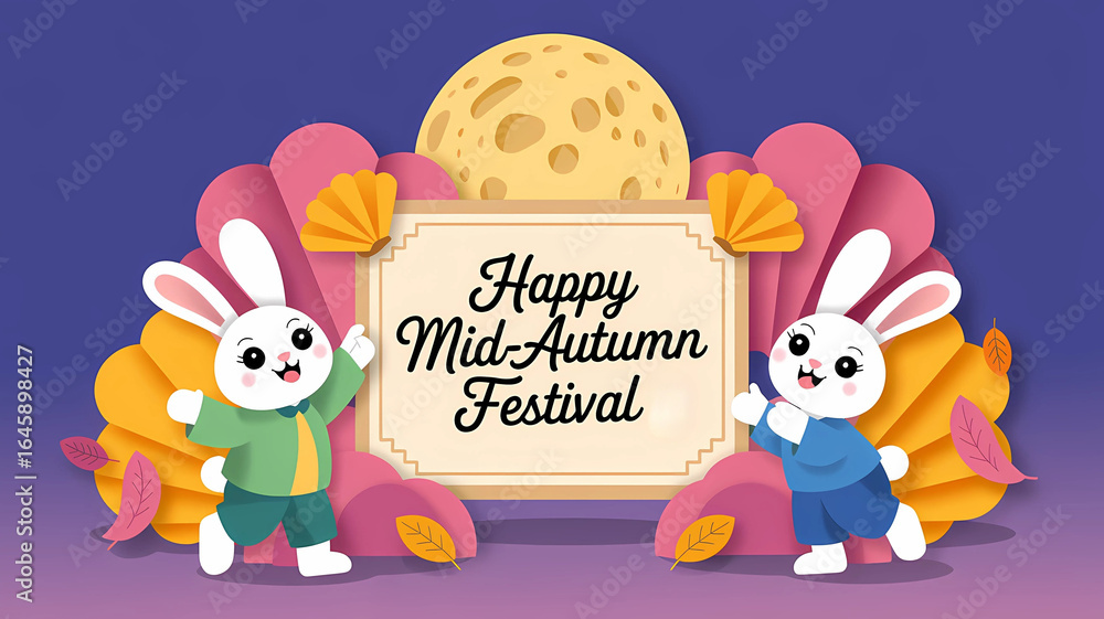 Fototapeta premium Two cartoon rabbits celebrating Mid Autumn Festival with moon