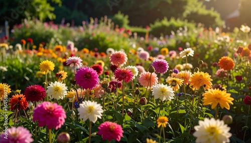 Fototapeta Naklejka Na Ścianę i Meble -  Vibrant Blooming Garden of Dahlia Flower in Sunlight