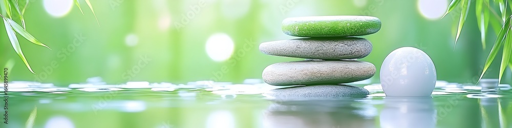 Fototapeta premium A stack of rocks and a white ball are on a body of water