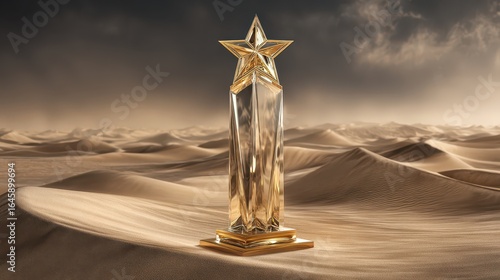 Fototapeta Naklejka Na Ścianę i Meble -  Elegant Star Trophy on Sand Dunes Under Dramatic Sky