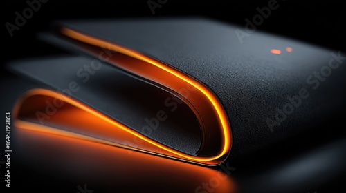 Futuristic, dark gray wallet with glowing orange accents.  Close-up view of folded, sculpted form