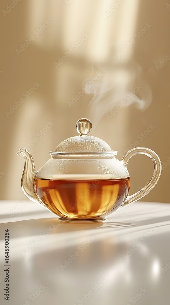 Steaming Tea in a Clear Glass Teapot on a Cream Surface, with Natural Light Steaming Tea in a Clear Glass Teapot on a Cream Surface, with Natural Light