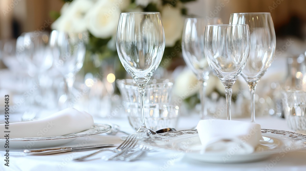 Elegant Table Setting with Crystal Glassware and White Roses Elegant Table Setting with Crystal Glassware and White Roses