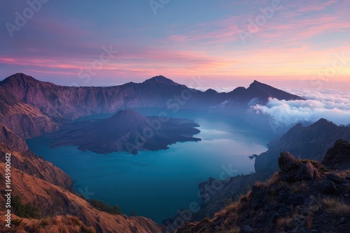 Mount Rinjani Caldera at Sunrise, Lombok, Indonesia, with Lake and Clouds