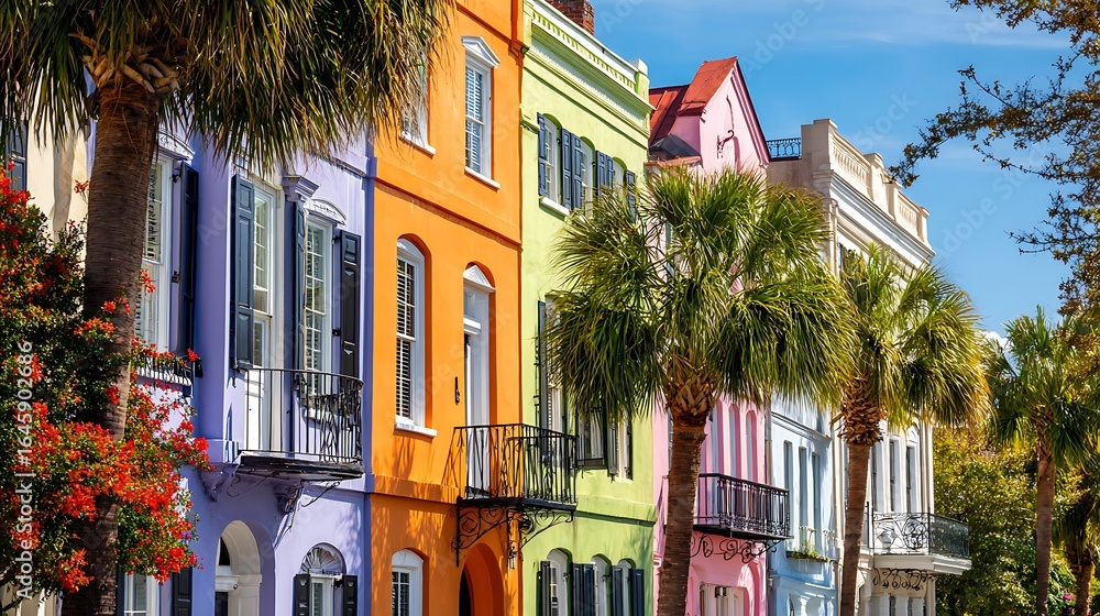 Naklejka premium Vibrant row of colorful historic houses with palm trees under a bright blue sky