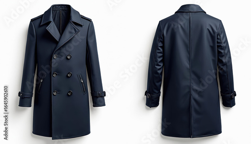 Classic navy blue double-breasted overcoat shown front, back. Formal wool coat features lapel, collar, pockets, button closure. Isolated studio shot on white background. Elegant winter outerwear for
