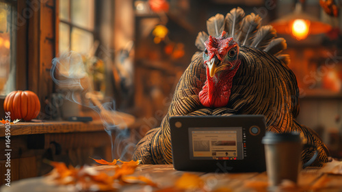 Thanksgiving Turkey Programmer Working on Tablet in Cozy Autumn Cafe