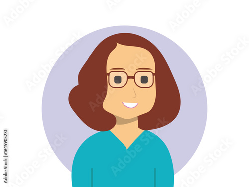 Happy smiling young woman with glasses Cheerful student or professional girl character avatar. Modern flat cartoon vector illustration of a friendly face with wavy hair.