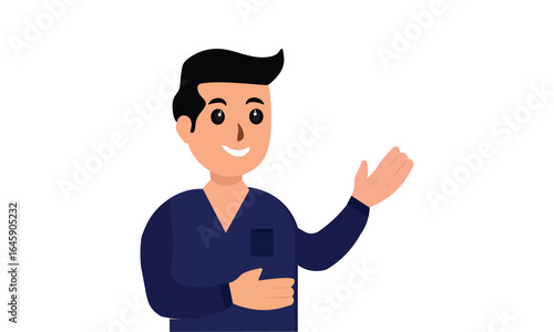 Young men standing one waving with a blue shirt on a white background