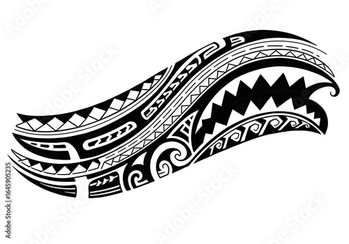 Samoan tattoo design with a shark mouth and abstract patterns.