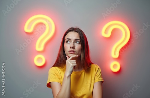 Young woman ponders ideas with question marks illuminating face. Looks uncertain, confused, contemplating decision solution. Bright neon glow emphasizes thoughtful, quizzical expression,