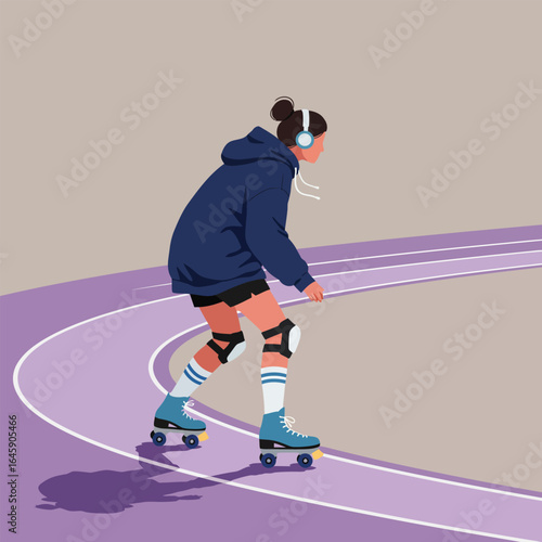 A girl is roller skating on a track with a helmet and knee pads, enjoying a fun and active outdoor recreation, showcasing a healthy and sporty lifestyle