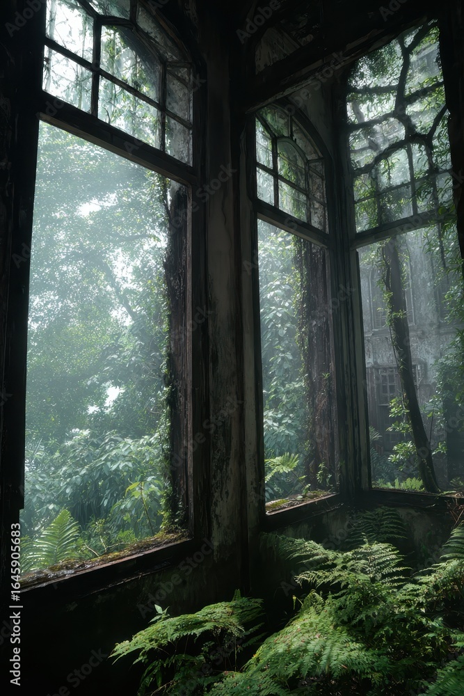 Fototapeta premium Overgrown Window View: Lush Ferns and Forest Beyond, Abandoned Building