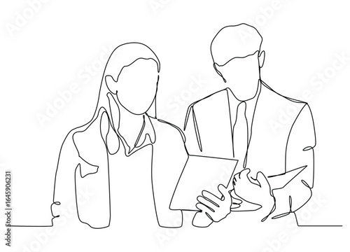 Continuous one line art of men and women office business meeting graphic continuous line drawing design.