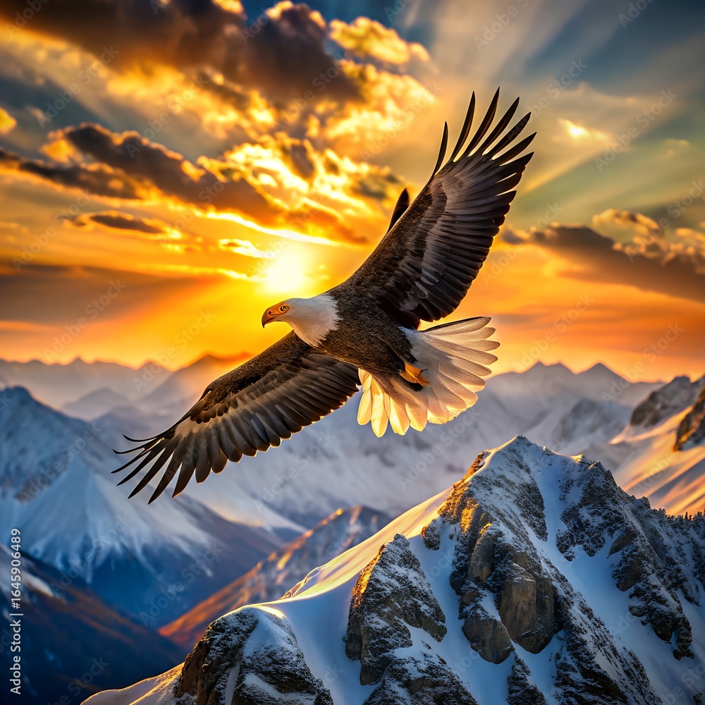 Obraz premium Bald eagle soars over snowy mountain peaks during a vibrant sunset